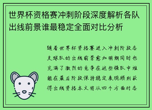 世界杯资格赛冲刺阶段深度解析各队出线前景谁最稳定全面对比分析 世界杯资格赛冲刺阶段深度解析各队出线前景谁最稳定全面对比分析