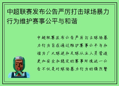 中超联赛发布公告严厉打击球场暴力行为维护赛事公平与和谐 中超联赛发布公告严厉打击球场暴力行为维护赛事公平与和谐